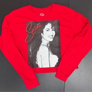 “Selena” Red Graphic Long Sleeve Crop Top. Size small. NWOT